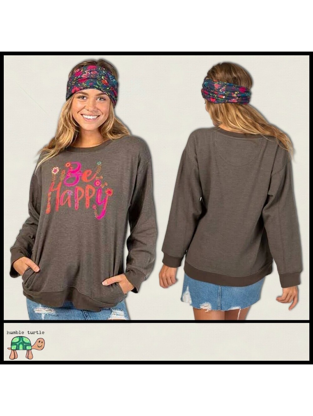 Natural Life XL Be Happy Brown Crewneck Sweatshirt with Pockets | EUC - Picture 6 of 6